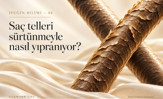 İpeğin Bilimi 08: İpek doku üzerinde saç tellerinin kütikül yüzeyini gösteren temsili bilimsel illüstrasyon.