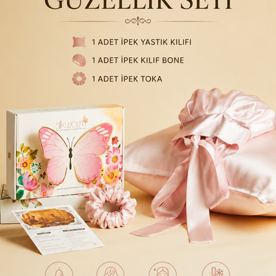 Silkworm Life %100 İpek Güzellik Seti – İpek Yastık Kılıfı (50x70) + İpek Bone + İpek Toka | Saç & Cilt Bakım Seti