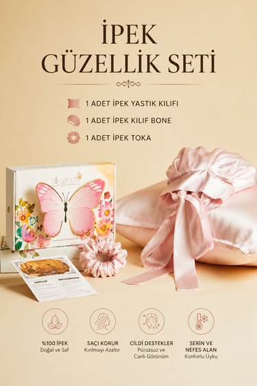 Silkworm Life %100 İpek Güzellik Seti – İpek Yastık Kılıfı (50x70) + İpek Bone + İpek Toka | Saç & Cilt Bakım Seti