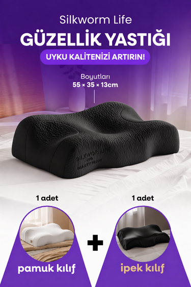 GÜZELLİK YASTIĞI  , SİYAH RENKLİ  ,%100 İpek Yastık Kılıfı İle Beraber ,Silkworm Life Visco Güzellik Yastığı – Yüz Kırışıklık Karşıtı, Boyun ve Omurga Destekli