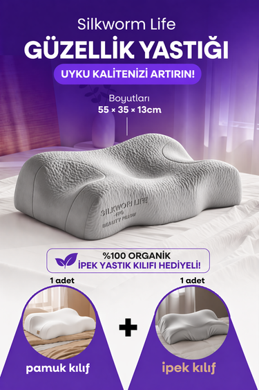 GÜZELLİK YASTIĞI ,GÜMÜŞ GRİ  RENKLİ  ,%100 İpek Yastık Kılıfı İle Beraber ,Silkworm Life Visco Güzellik Yastığı – Yüz Kırışıklık Karşıtı, Boyun ve Omurga Destekli (Kopya)