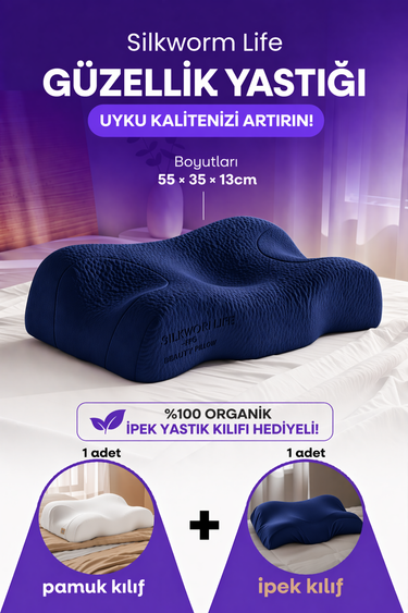 GÜZELLİK YASTIĞI  , LACİVERT   RENKLİ  ,%100 İpek Yastık Kılıfı İle Beraber ,Silkworm Life Visco Güzellik Yastığı – Yüz Kırışıklık Karşıtı, Boyun ve Omurga Destekli