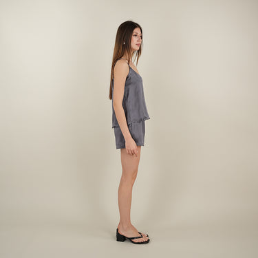 100% İpek Askılı Şort Pijama Takımı  , KOYU GRİ