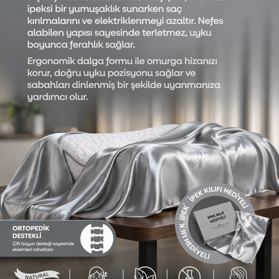 GÜMÜŞ GRİ RENKLİ  ,%100 İpek Yastık Kılıfı İle Beraber ,Silkworm Life Visco YASTIK