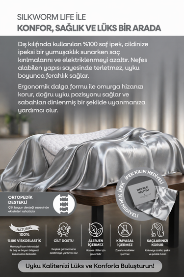 GÜMÜŞ GRİ RENKLİ  ,%100 İpek Yastık Kılıfı İle Beraber ,Silkworm Life Visco YASTIK