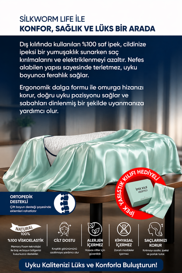 MİNTRENKLİ  ,%100 İpek Yastık Kılıfı İle Beraber ,Silkworm Life Visco YASTIK