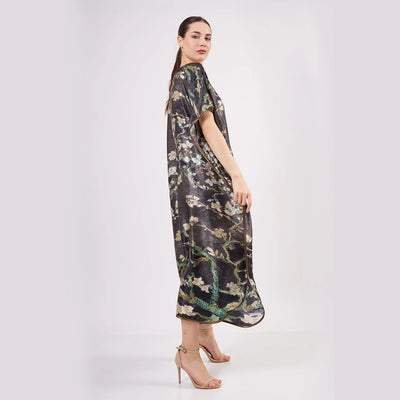 Art Collection – Van Gogh “Almond Blossom” Inspired 100% Silk Long Dress (Anthracite)