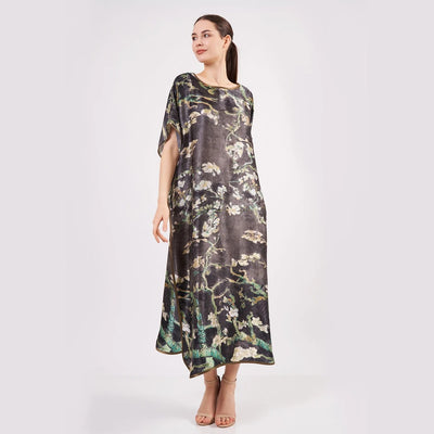 Art Collection – Van Gogh “Almond Blossom” Inspired 100% Silk Long Dress (Anthracite)