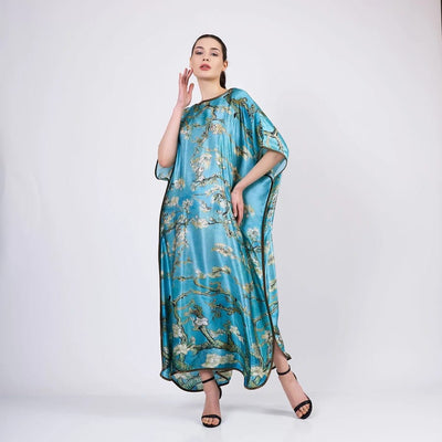 Art Collection – Van Gogh “Almond Blossom” Inspired 100% Silk Long Dress (Anthracite) turquoise