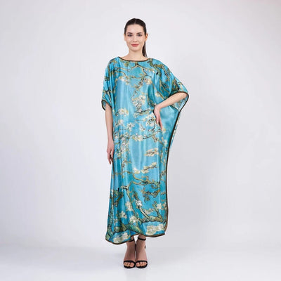 Art Collection – Van Gogh “Almond Blossom” Inspired 100% Silk Long Dress (Anthracite) turquoise