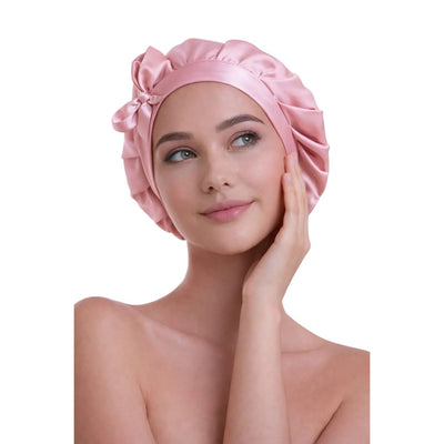 %100 Saf Ipek, Uzun Bağcıklı Lüks Gece Bakim Bonesi- Pembe