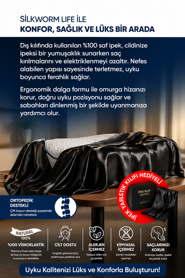 SİYAH RENKLİ  ,%100 İpek Yastık Kılıfı İle Beraber ,Silkworm Life Visco YASTIK