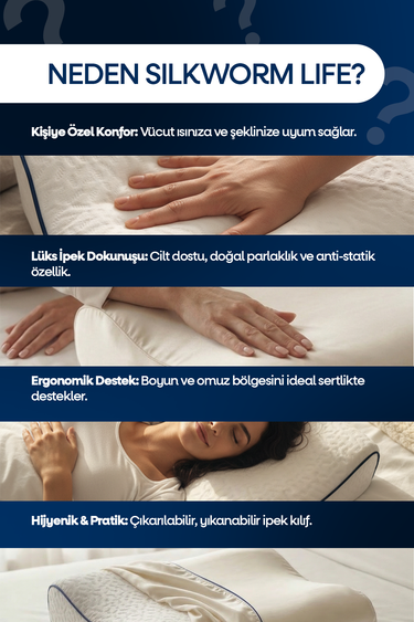 GÜMÜŞ GRİ RENKLİ  ,%100 İpek Yastık Kılıfı İle Beraber ,Silkworm Life Visco YASTIK