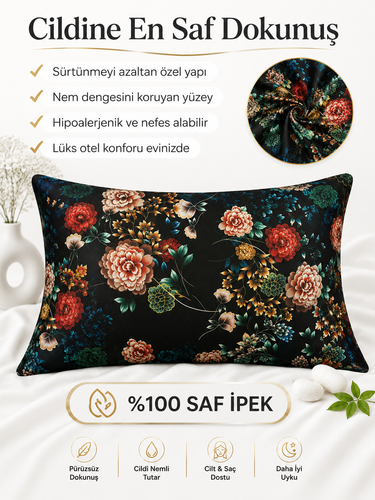 Silkworm Life Limited Edition Lacivert Çiçek Desenli %100 İpek Yastık Kılıfı 50x70 cm Fermuarlı